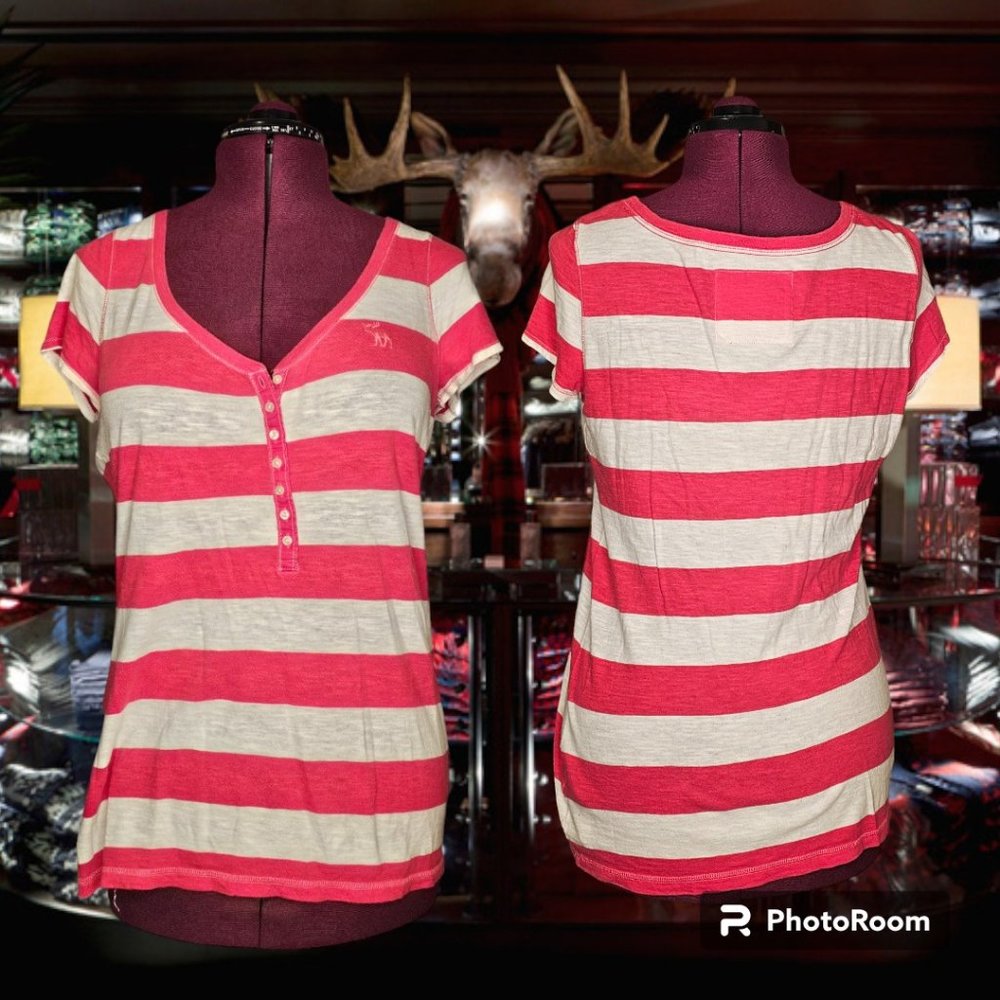 Abercrombie and Fitch Pink and White Striped Y2K Short Sleeve Shirt Size Large
